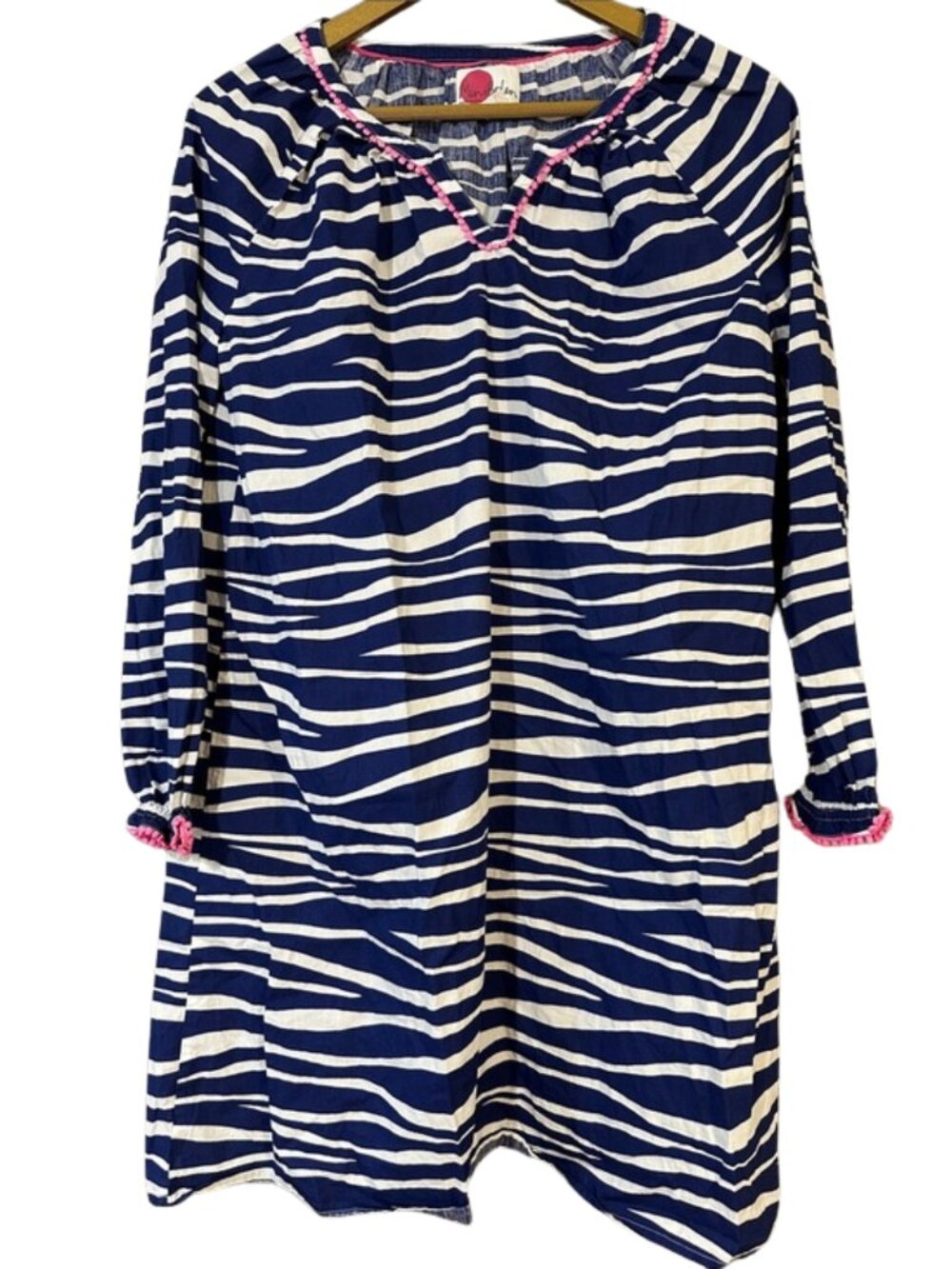 Mini Boden Zebra Stripe Dress Pom Trim Blue White Tunic - Fits Like Adult Large